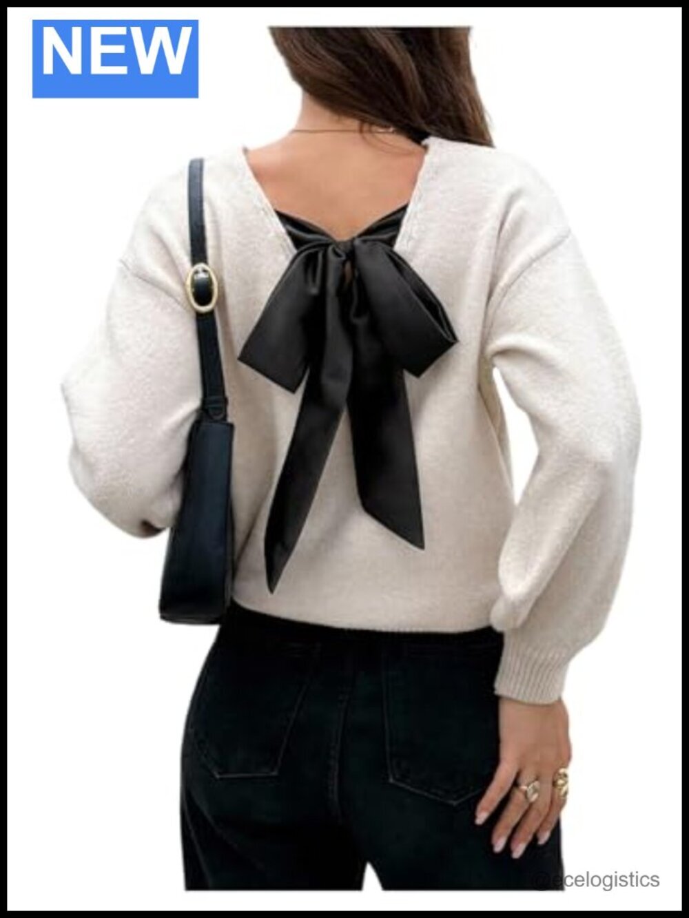 Bow Tie Back Drop Shoulder Long Sleeve Knit Pullover Sweater